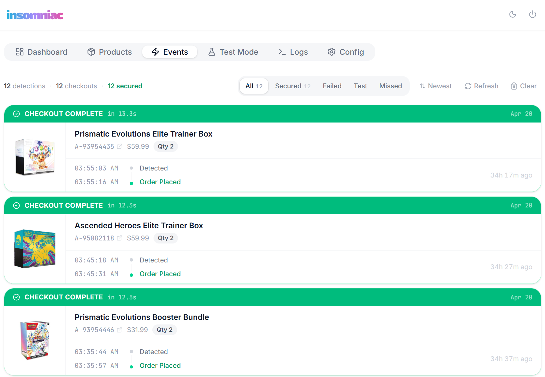 Insomniac dashboard Events tab showing successful Pokemon TCG checkouts